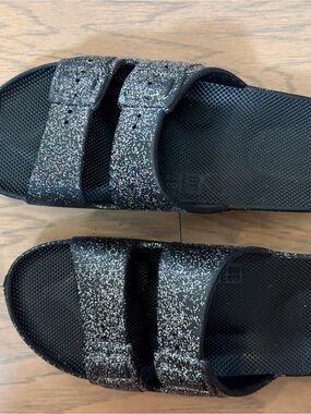 INTERMIX Black Glitter Double-Strap Slide Sandals